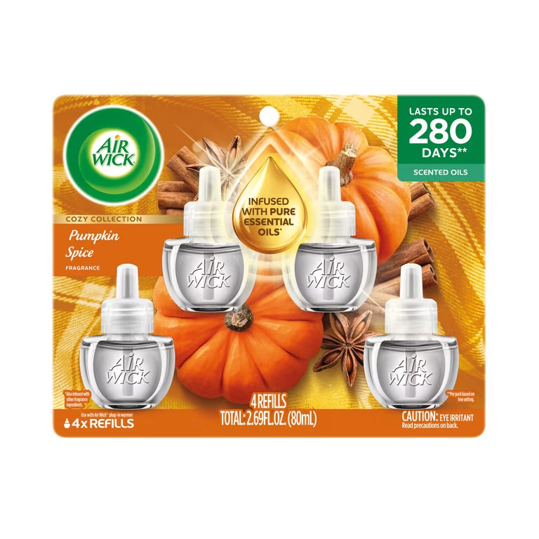 Air Wick Plug-in Fall Scented Oil Warmer Air Freshener Refills, Pumpkin Spice, 4 Count