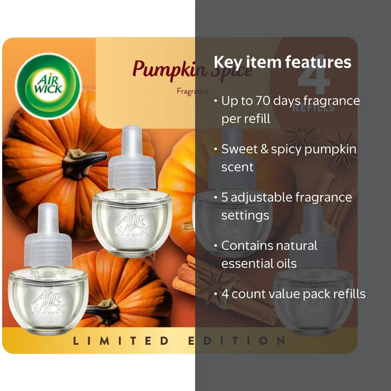 Air Wick Plug-in Fall Scented Oil Warmer Air Freshener Refills, Pumpkin Spice, 4 Count