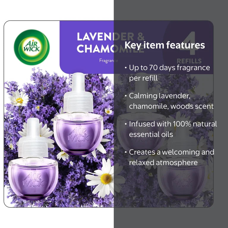 Air Wick Plug-in Fall Scented Oil Warmer Air Freshener Refills, Lavender & Chamomile, 4 Count