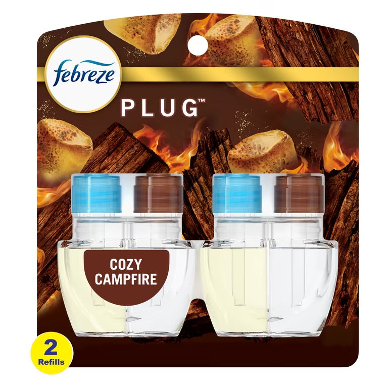Febreze Plug In Air Freshener, Odor-Fighting Scented Oil Refill, Cozy Campfire Scent, 2 Refills
