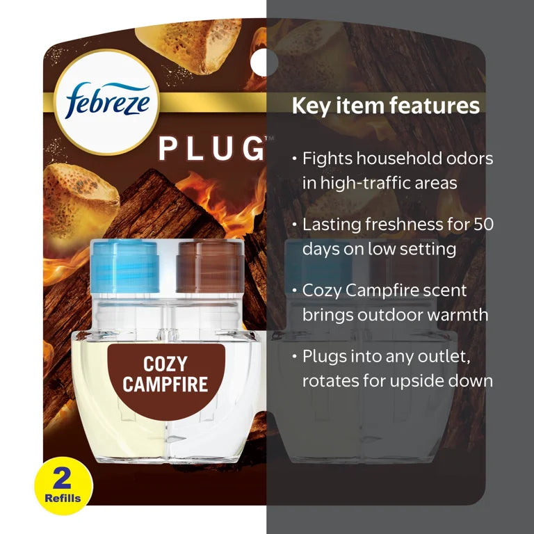 Febreze Plug In Air Freshener, Odor-Fighting Scented Oil Refill, Cozy Campfire Scent, 2 Refills