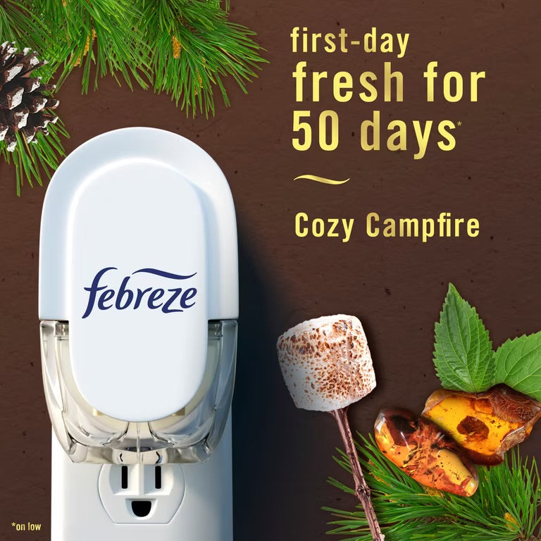 Febreze Plug In Air Freshener, Odor-Fighting Scented Oil Refill, Cozy Campfire Scent, 2 Refills
