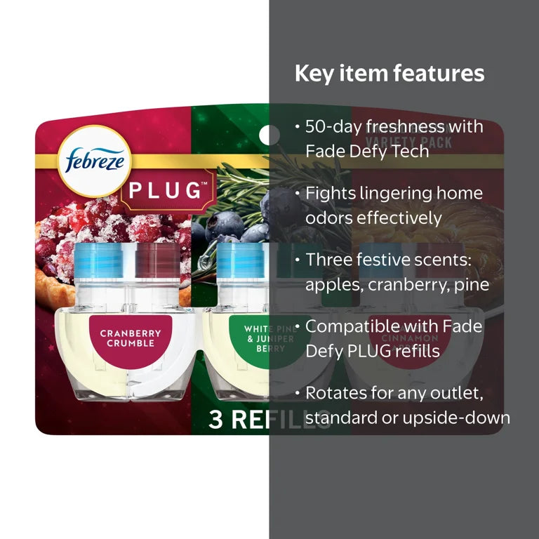 Febreze Plug In Air Freshener, Odor-Fighting Scented Oil 3 Refill, Holiday Mix