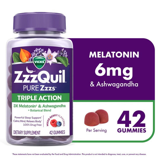 ZzzQuil PURE Zzzs Melatonin Triple Action with Ashwagandha, Melatonin 6mg, 42 Gummies