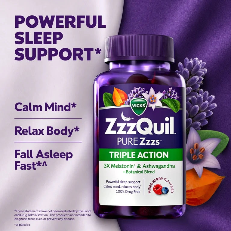ZzzQuil PURE Zzzs Melatonin Triple Action with Ashwagandha, Melatonin 6mg, 42 Gummies