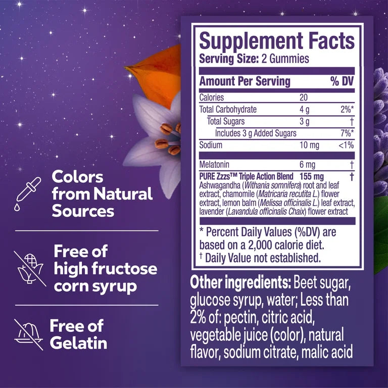 ZzzQuil PURE Zzzs Melatonin Triple Action with Ashwagandha, Melatonin 6mg, 42 Gummies