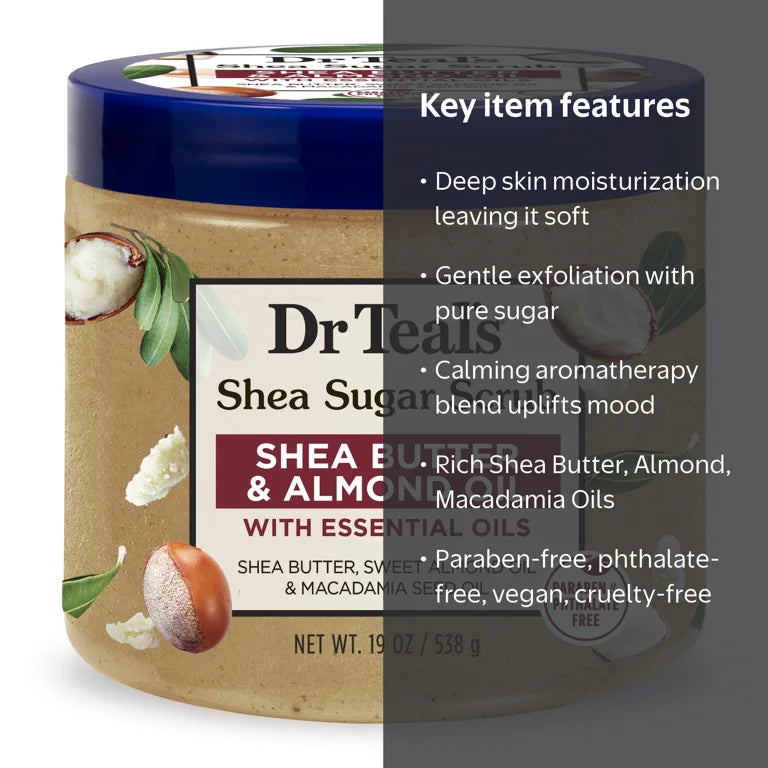 Dr Teal's Shea Sugar Body Scrub with Shea Butter, Almond & Essential Oils, 19 oz