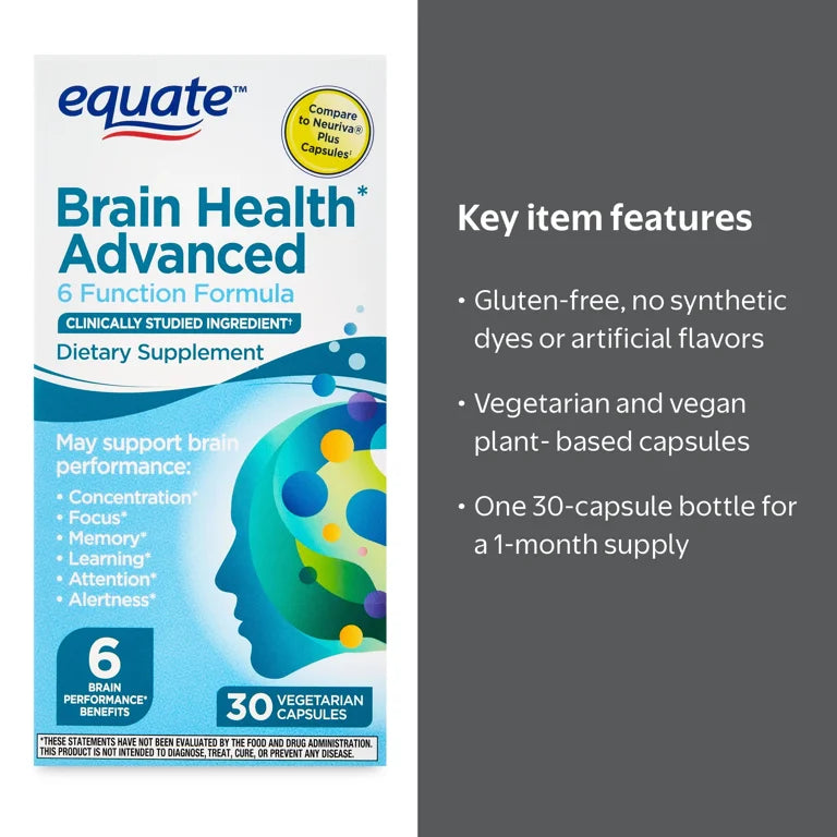 Equate Brain Health Advanced 6 Function Formula Dietary Supplement Capsules, 30 Count