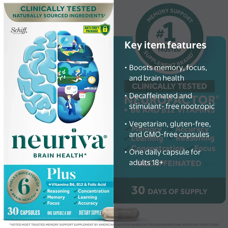Neuriva Plus Brain Health Supplement, Vitamins B12 & B6, Support for Memory and Focus, 30ct Capsules