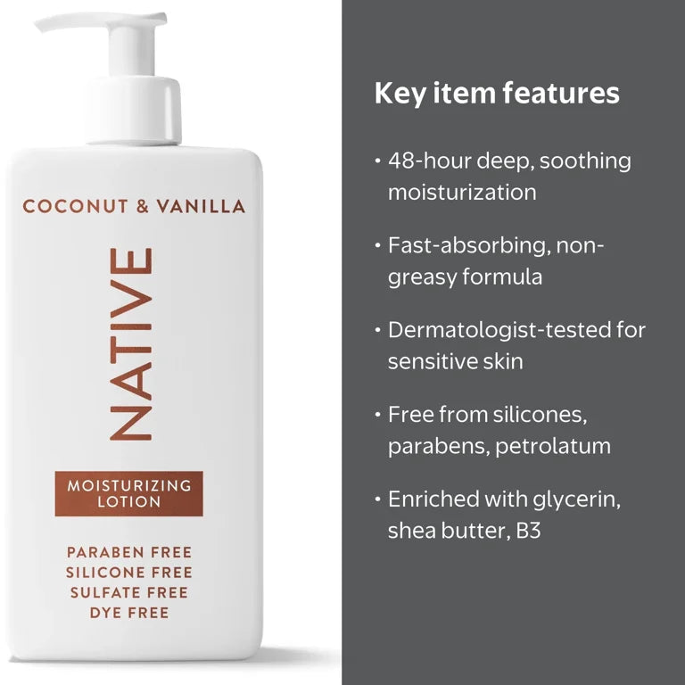 Native Moisturizing Body Lotion, Dermatologist Tested for Sensitive Skin, for Women & Men, Coconut & Vanilla, 16.5 fl oz