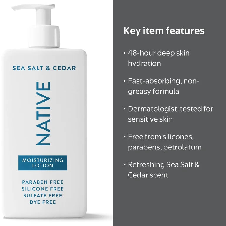 Native Moisturizing Body Lotion, Dermatologist Tested for Sensitive Skin, for Women & Men, Sea Salt & Cedar, 16.5 fl oz