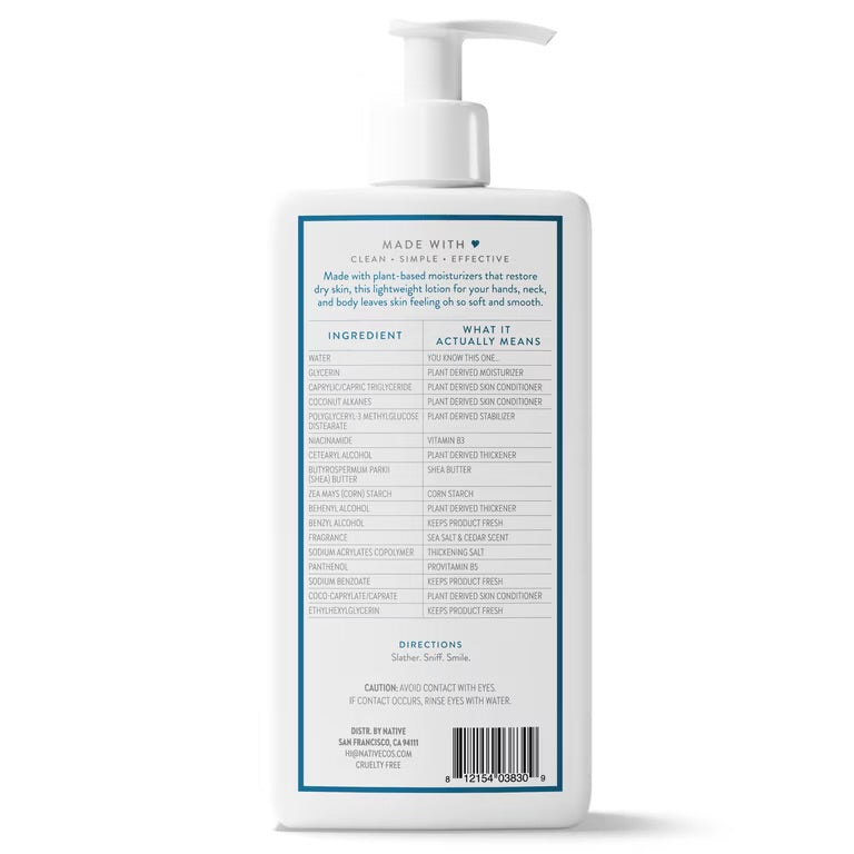 Native Moisturizing Body Lotion, Dermatologist Tested for Sensitive Skin, for Women & Men, Sea Salt & Cedar, 16.5 fl oz