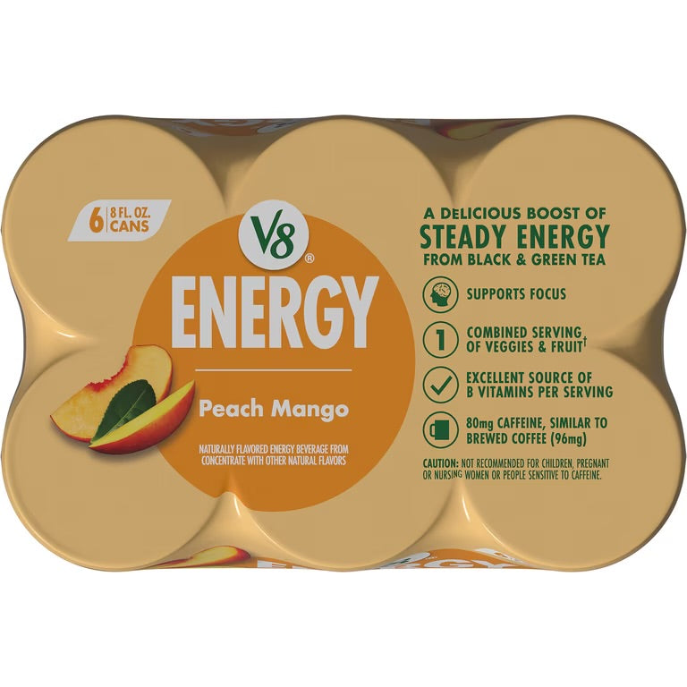 V8 Energy Peach Mango Energy Drink, 8 fl oz Can, 6 pack