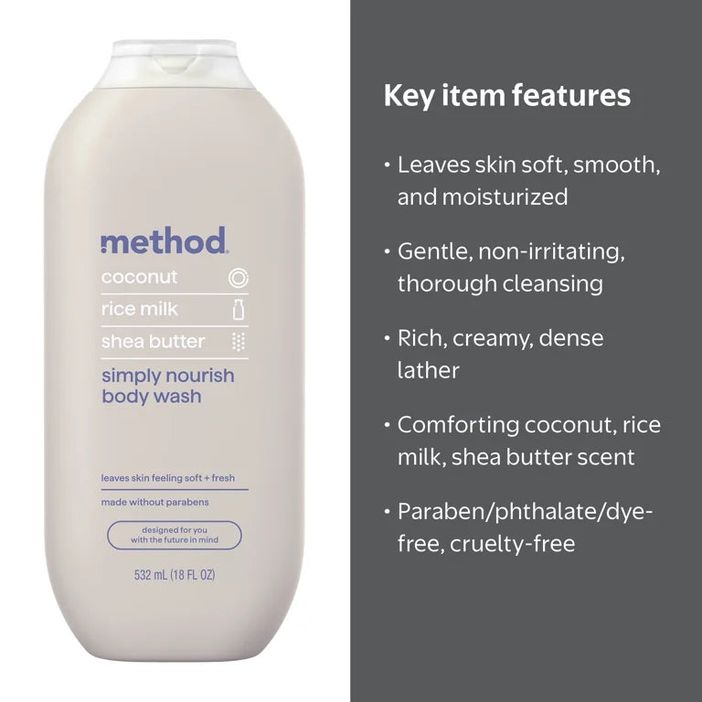 method Body Wash, Simply Nourish - Leaves Skin Feeling Soft & Moisturized, Made Without Parabens, Notes of Coconut, Rice Milk & Shea Butter, 18 fl oz