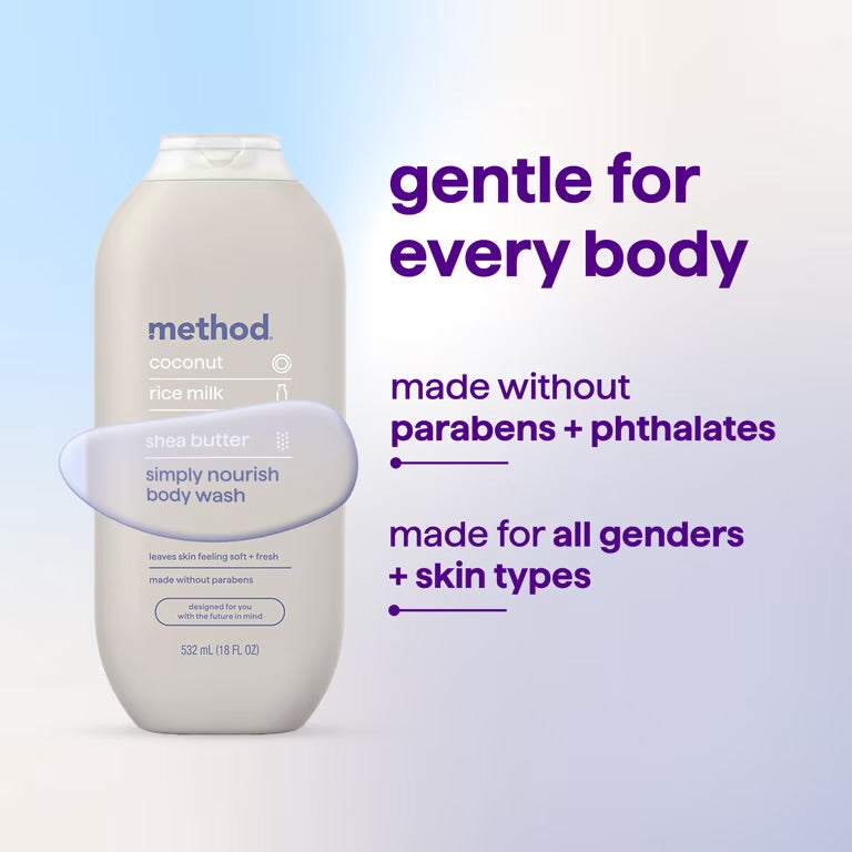 method Body Wash, Simply Nourish - Leaves Skin Feeling Soft & Moisturized, Made Without Parabens, Notes of Coconut, Rice Milk & Shea Butter, 18 fl oz