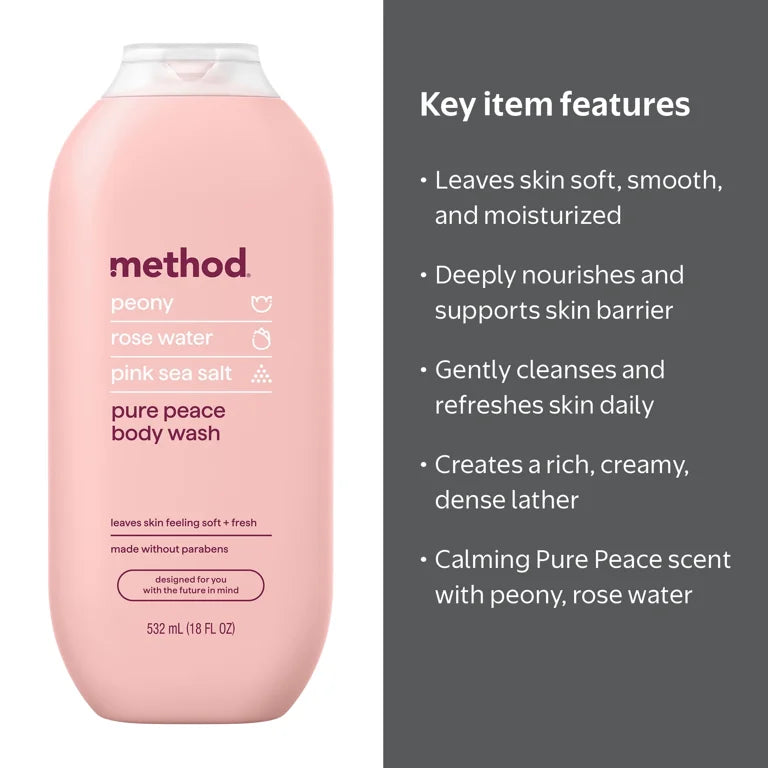 method Body Wash, Pure Peace - Leaves Skin Feeling Soft & Moisturized, Made Without Parabens, Notes of Peony, Rose Water & Pink Sea Salt, 18 fl oz