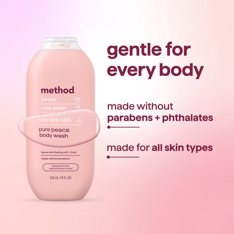 method Body Wash, Pure Peace - Leaves Skin Feeling Soft & Moisturized, Made Without Parabens, Notes of Peony, Rose Water & Pink Sea Salt, 18 fl oz