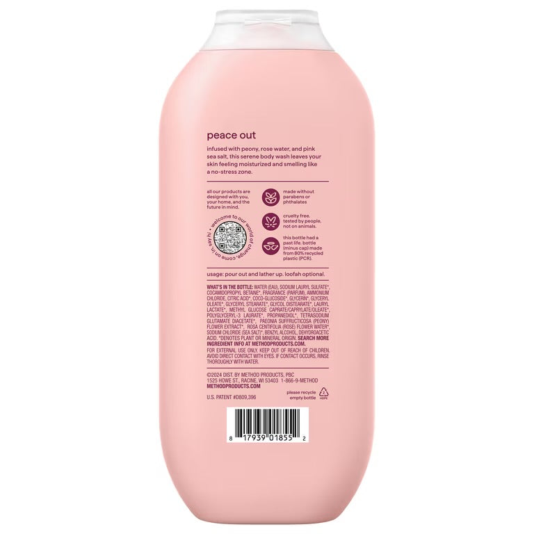 method Body Wash, Pure Peace - Leaves Skin Feeling Soft & Moisturized, Made Without Parabens, Notes of Peony, Rose Water & Pink Sea Salt, 18 fl oz
