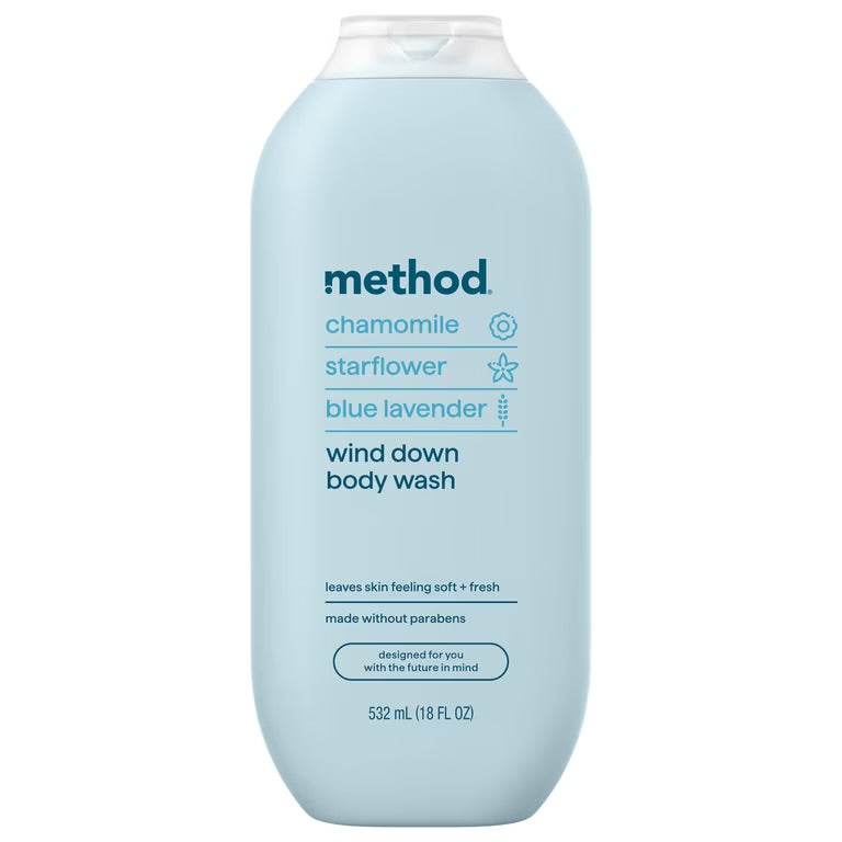method Body Wash, Wind Down - Leaves Skin Feeling Soft & Moisturized, Made Without Parabens, Notes of Chamomile, Starflower & Blue Lavender, 18 fl oz