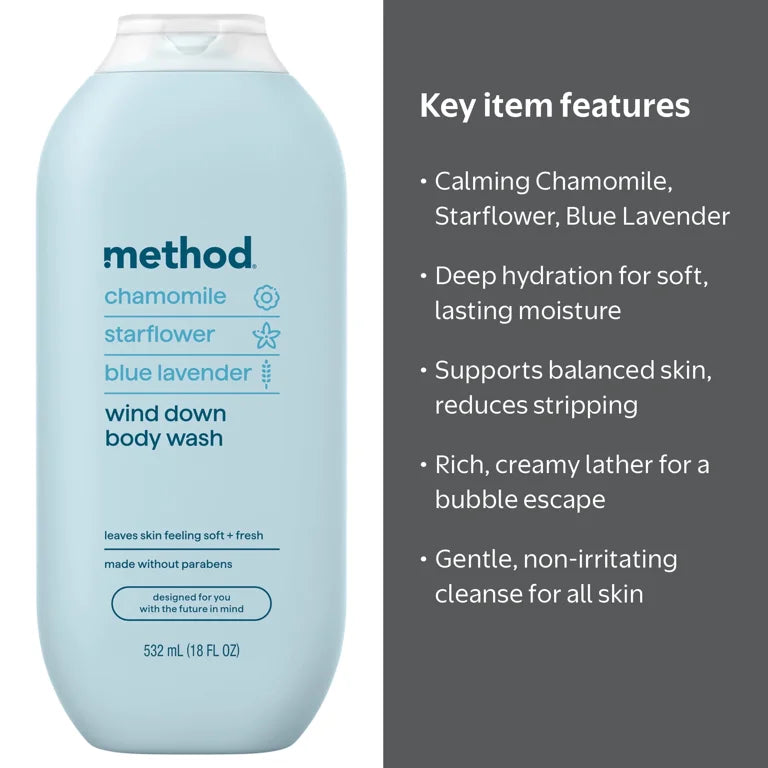 method Body Wash, Wind Down - Leaves Skin Feeling Soft & Moisturized, Made Without Parabens, Notes of Chamomile, Starflower & Blue Lavender, 18 fl oz