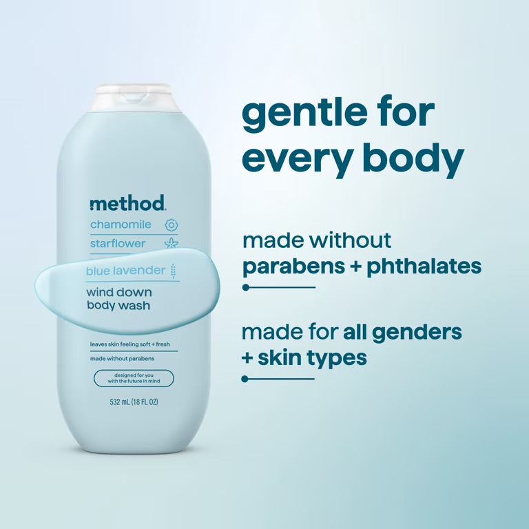 method Body Wash, Wind Down - Leaves Skin Feeling Soft & Moisturized, Made Without Parabens, Notes of Chamomile, Starflower & Blue Lavender, 18 fl oz