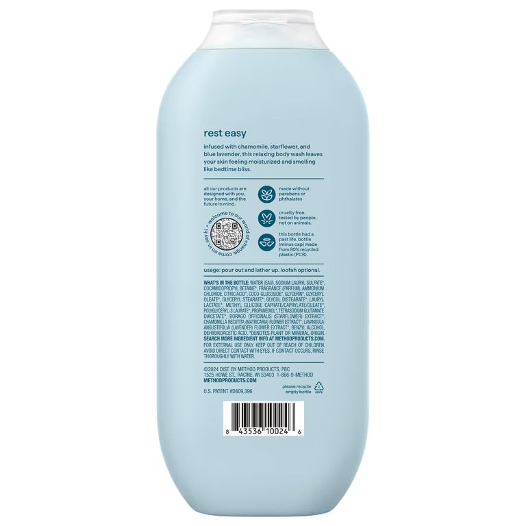 method Body Wash, Wind Down - Leaves Skin Feeling Soft & Moisturized, Made Without Parabens, Notes of Chamomile, Starflower & Blue Lavender, 18 fl oz