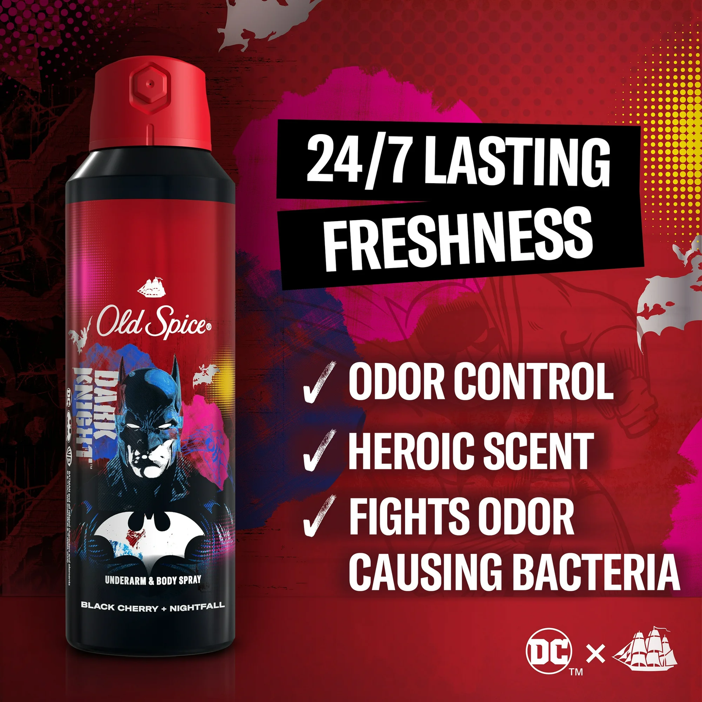 Old Spice Aluminum Free Deodorant for Men, 24/7 Freshness, Body Spray, Long Lasting Odor Protection, Smell Like a Hero, Batman, Black Cherry and Nightfall Scent, 5.1oz