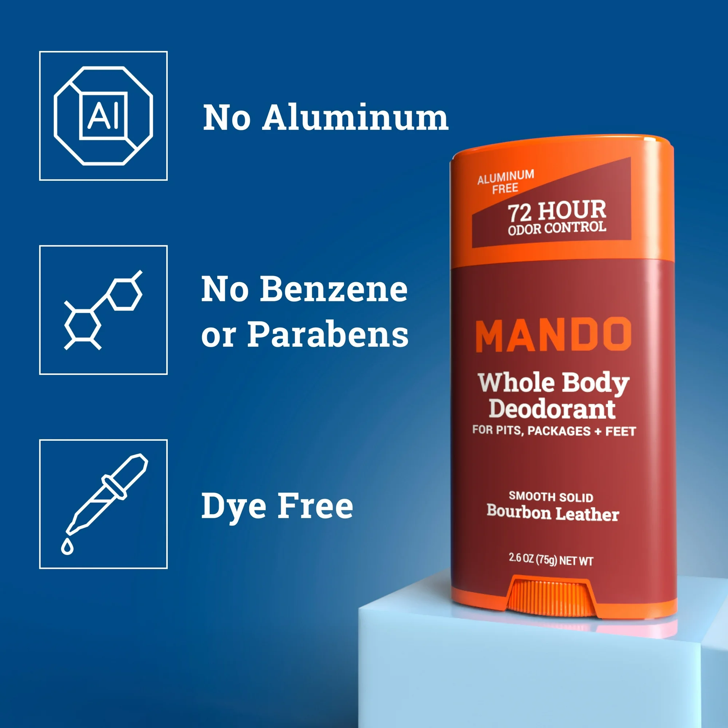 Mando Deodorant Stick for Men, Smooth Solid, Aluminum Free, Bourbon Leather Scent, 2.6 oz