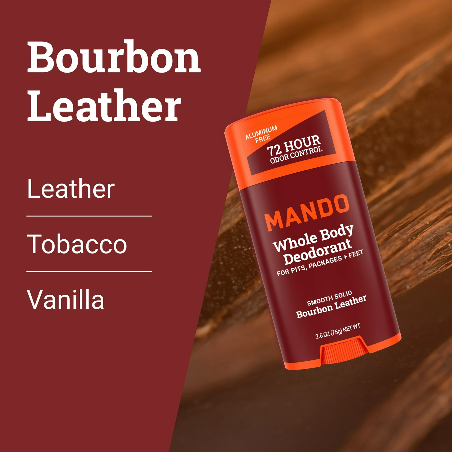 Mando Deodorant Stick for Men, Smooth Solid, Aluminum Free, Bourbon Leather Scent, 2.6 oz