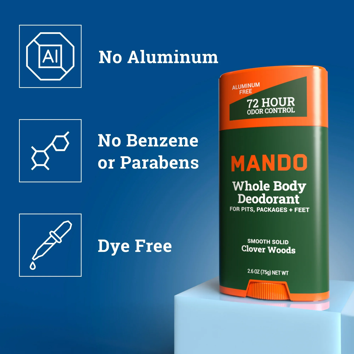 Mando Deodorant Stick for Men, Smooth Solid, Aluminum Free, Clover Woods Scent, 2.6 oz