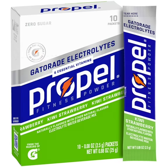Propel Electrolyte Enhanced Water Drink Mix Powder Packets, Kiwi Strawberry, Zero Calorie & Zero Sugar Hydration with Electrolytes and Vitamins C & E, (10 Packets)