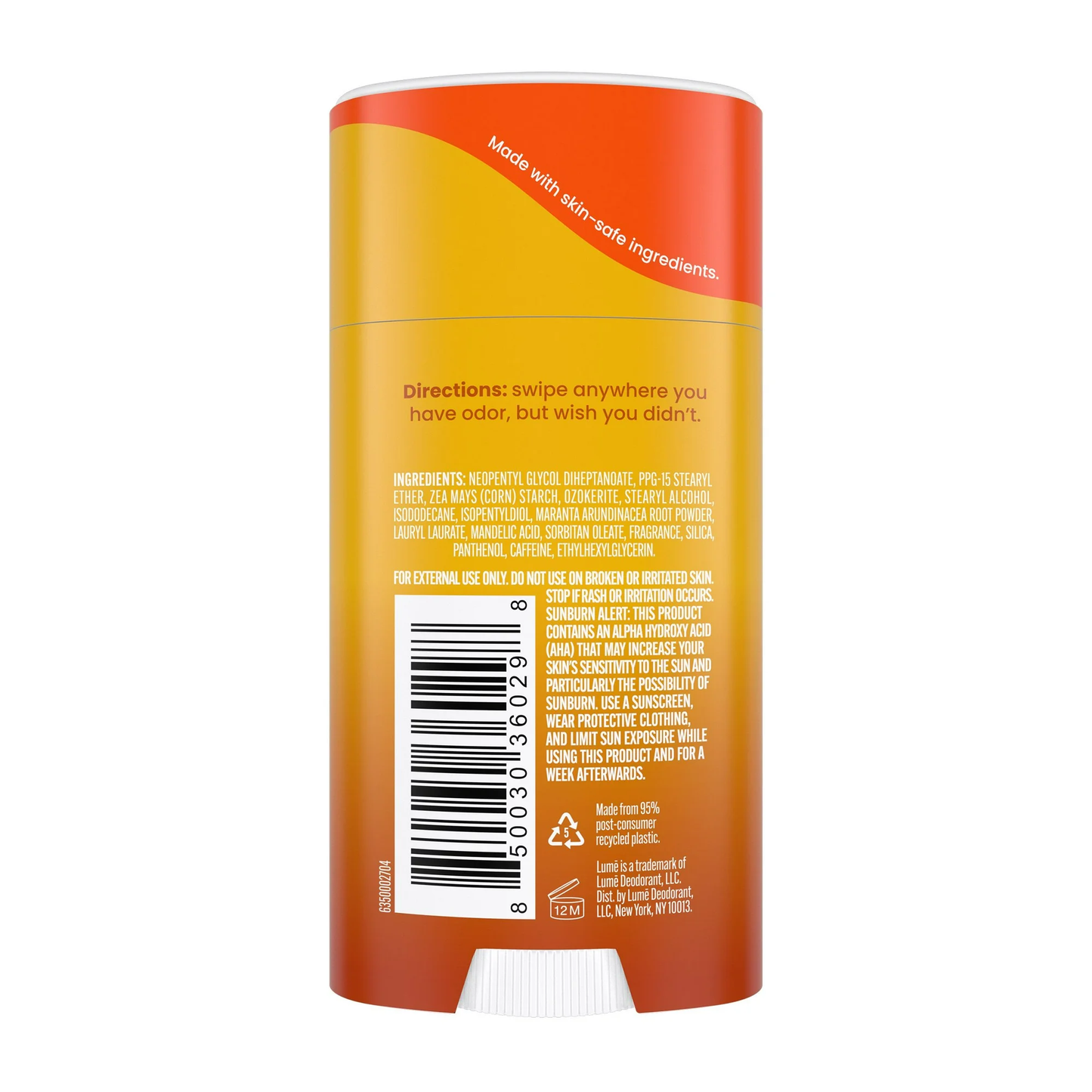 Lume Whole Body Women’s Deodorant - Smooth Solid Stick - Aluminum Free - Clean Tangerine - 2.6oz