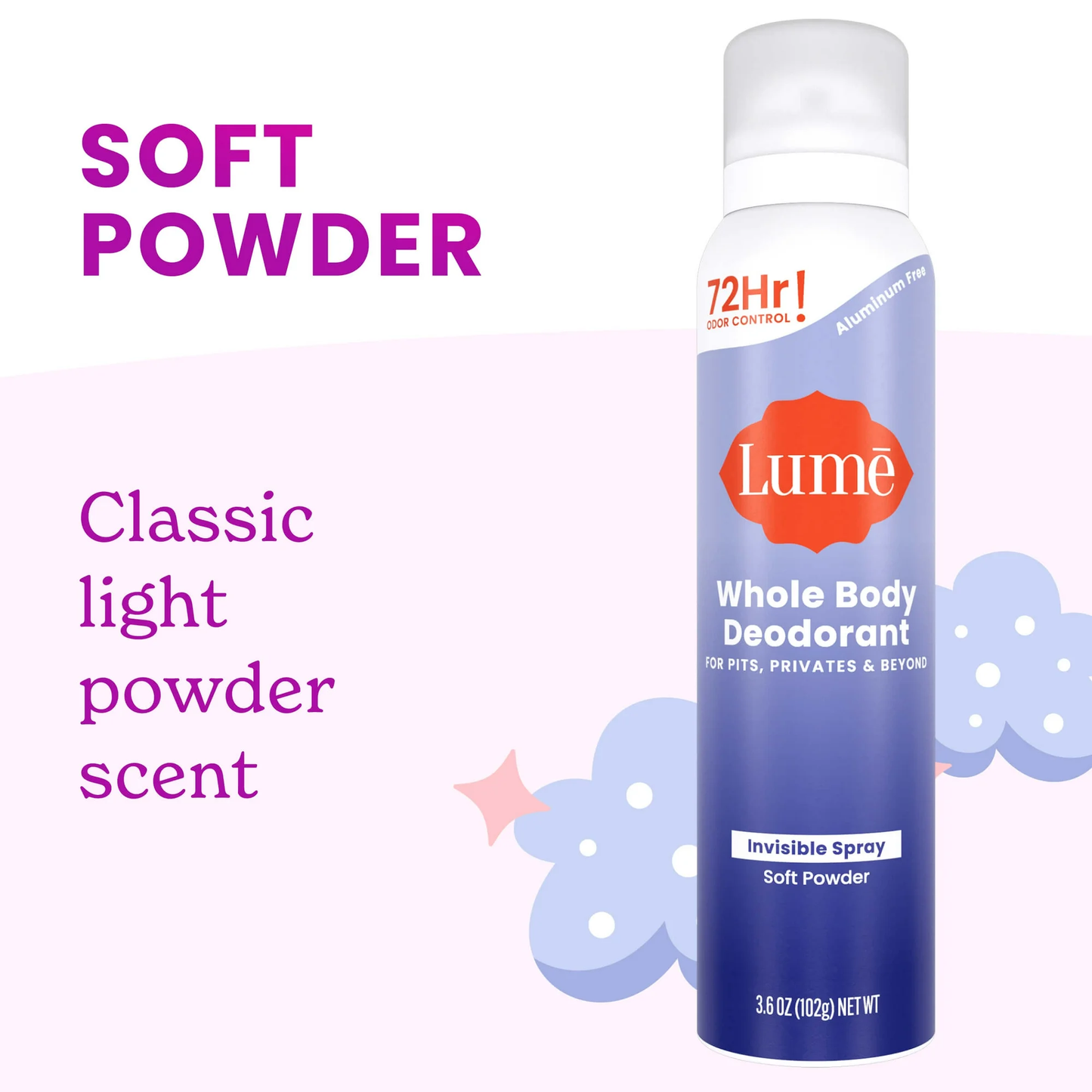 Lume Whole Body Deodorant for Women, Spray Deodorant, Aluminum Free, Soft Powder, 3.6 oz