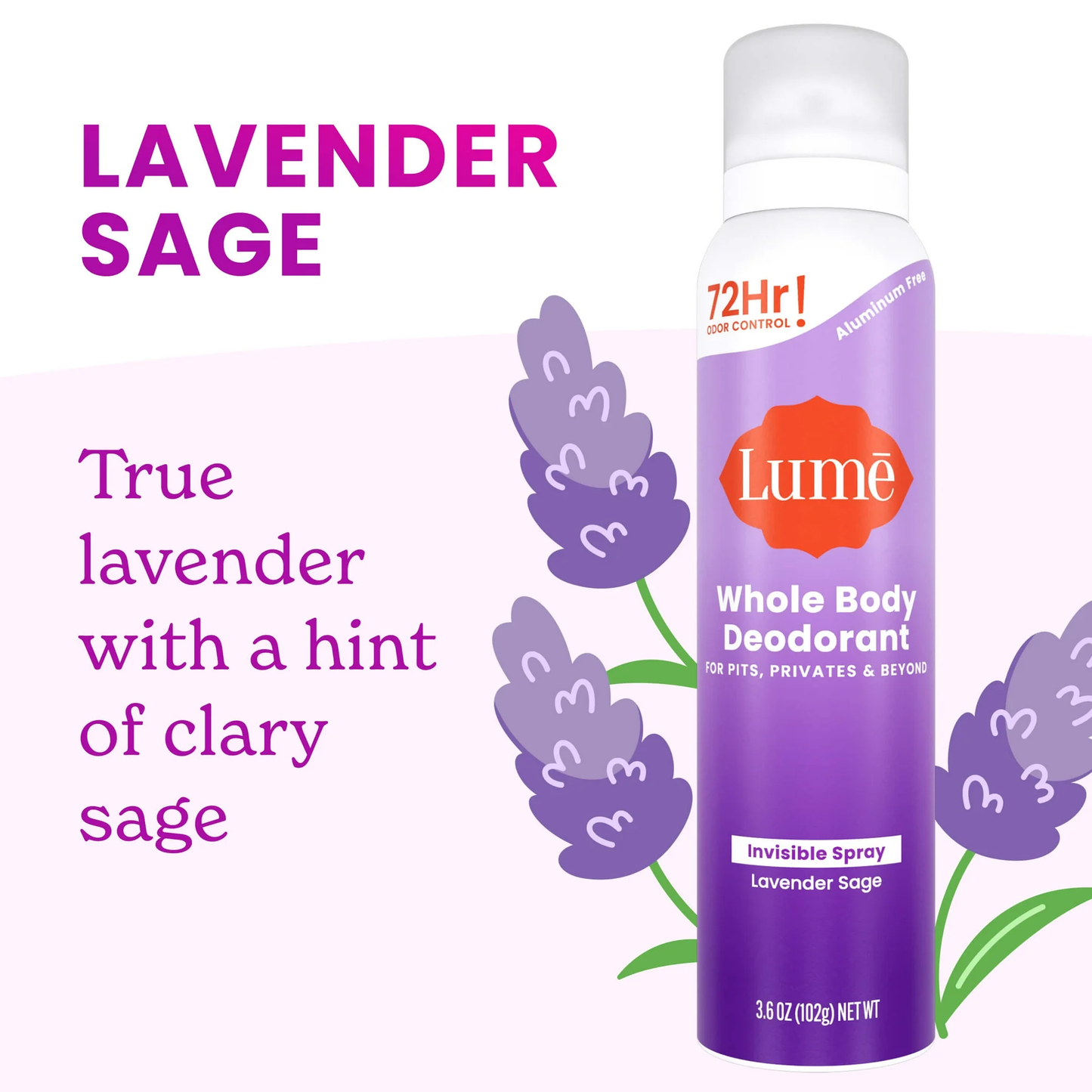 Lume Whole Body Deodorant for Women, Spray Deodorant, Aluminum Free, Lavender Sage, 3.6 oz
