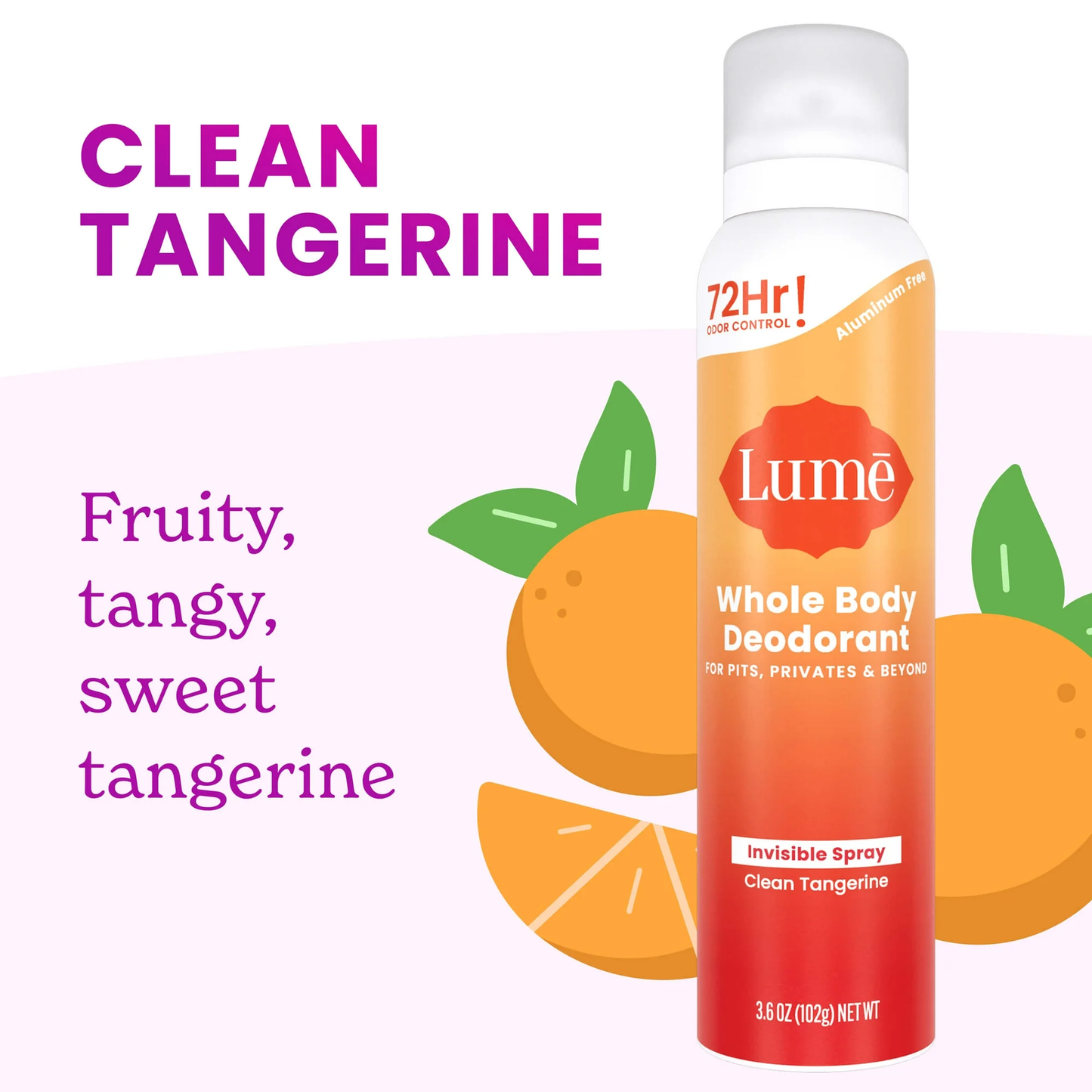 Lume Whole Body Deodorant for Women, Spray Deodorant, Aluminum Free, Clean Tangerine, 3.6 oz