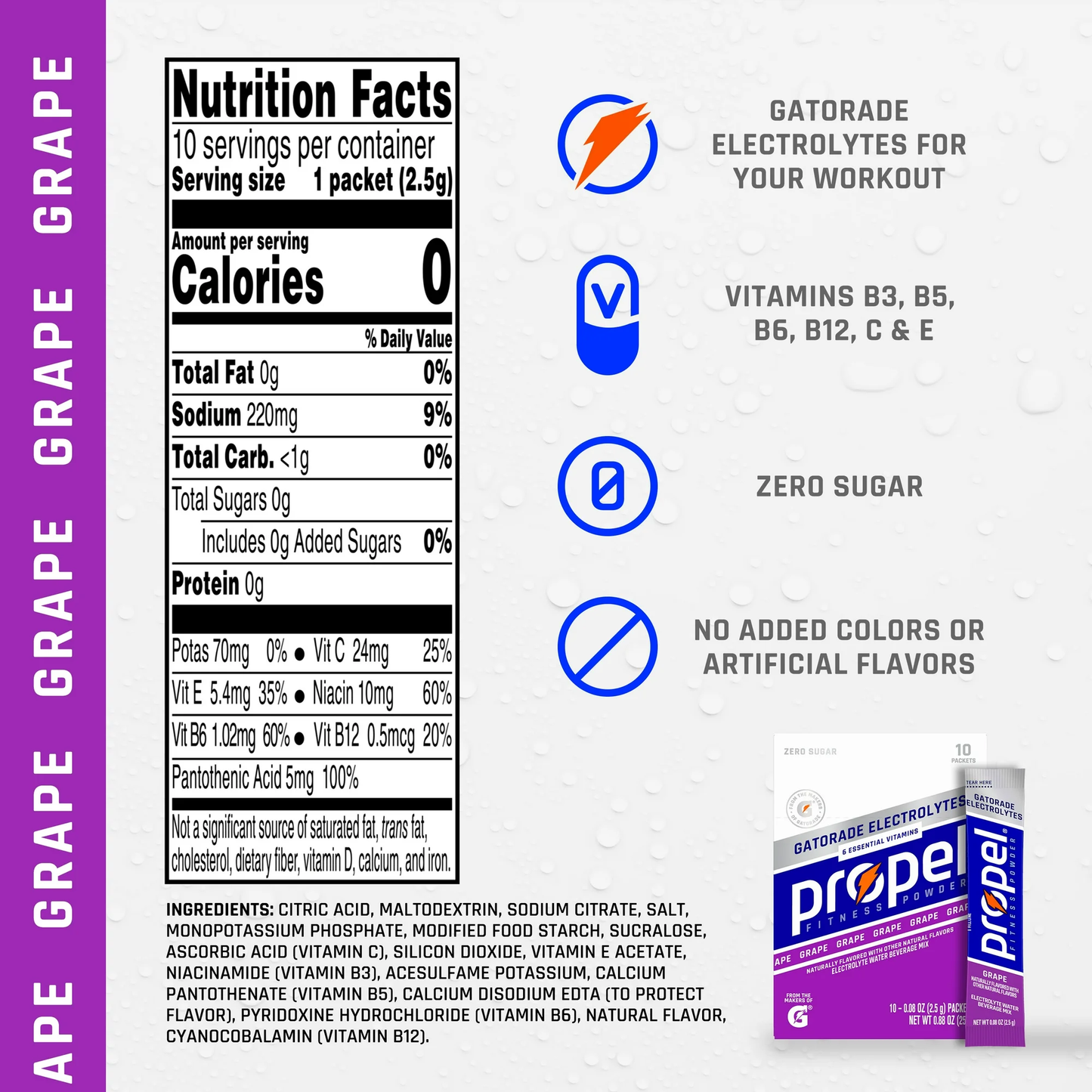 Propel Electrolyte Enhanced Water Drink Mix Powder Packets, Grape, Zero Calorie & Zero Sugar Hydration with Electrolytes and Vitamins C & E, (10 Packets)