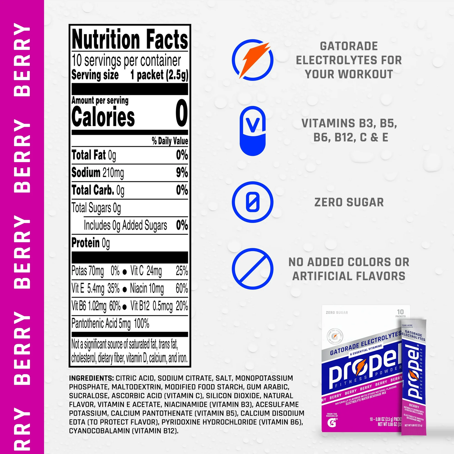 Propel Electrolyte Enhanced Water Drink Mix Powder Packets, Berry, Zero Calorie & Zero Sugar Hydration with Electrolytes and Vitamins C & E, (10 Packets)
