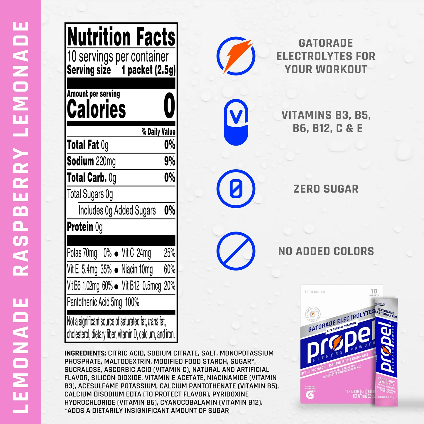 Propel Electrolyte Enhanced Water Drink Mix Powder Packets, Raspberry Lemonade, Zero Calorie & Zero Sugar Hydration with Electrolytes and Vitamins C & E, (10 Packets)