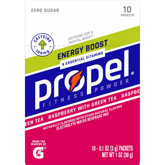 Propel Electrolyte Enhanced Water Drink Mix Powder Packets, Raspberry Green Tea, Zero Calorie & Zero Sugar Hydration with Electrolytes and Vitamins C & E, (10 Packets)