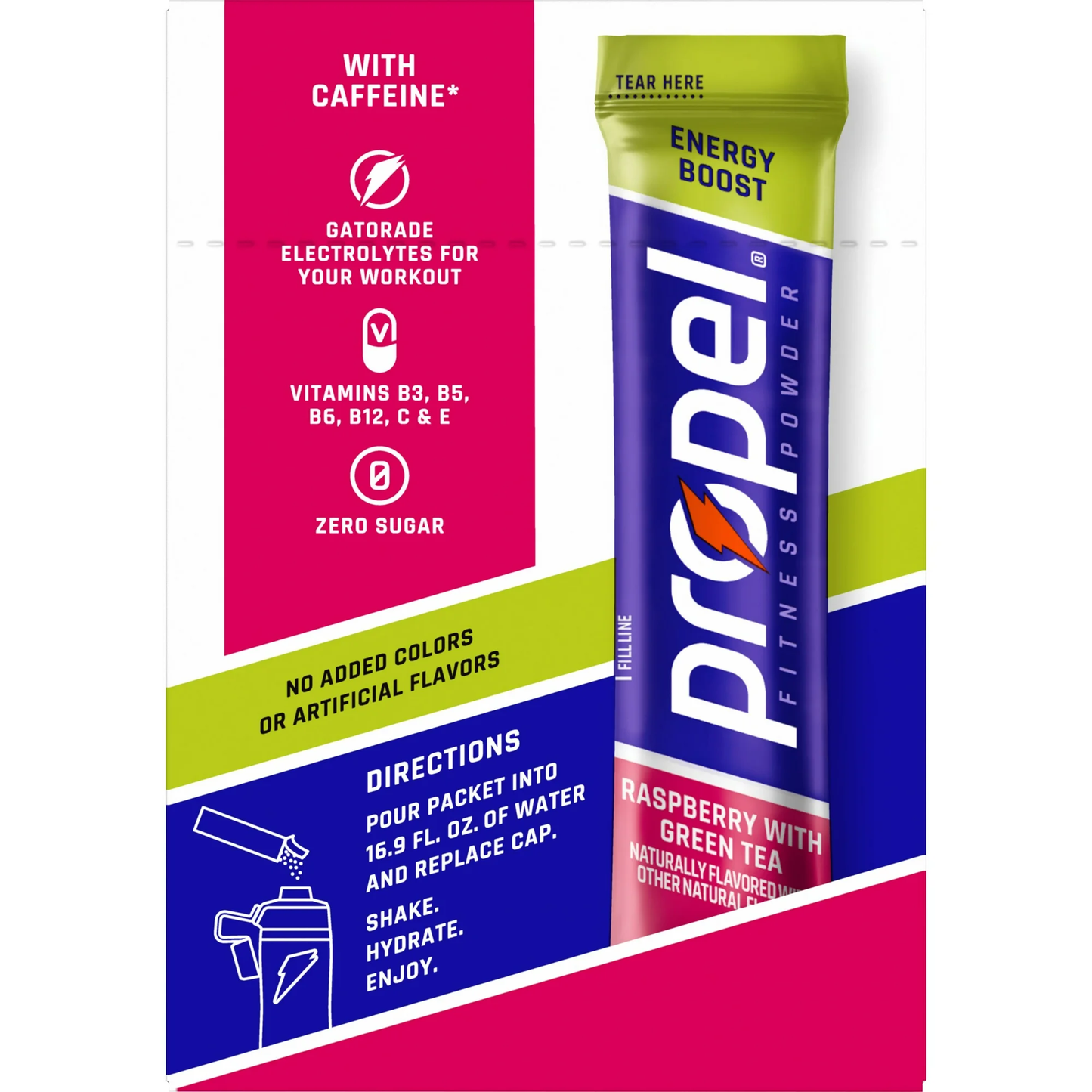 Propel Electrolyte Enhanced Water Drink Mix Powder Packets, Raspberry Green Tea, Zero Calorie & Zero Sugar Hydration with Electrolytes and Vitamins C & E, (10 Packets)