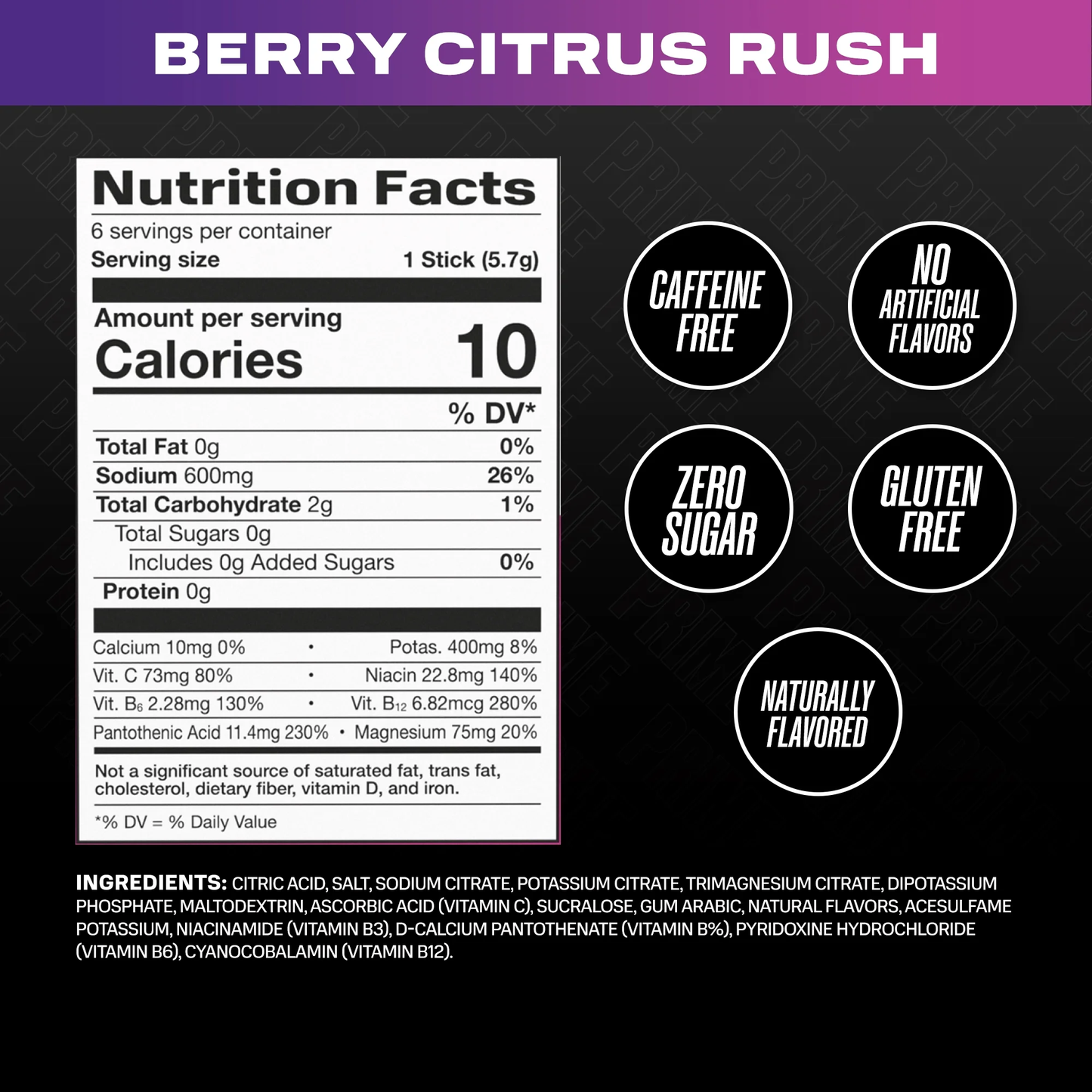 Prime Rapid Rehydration Sticks, Berry Citrus Rush, 6ct