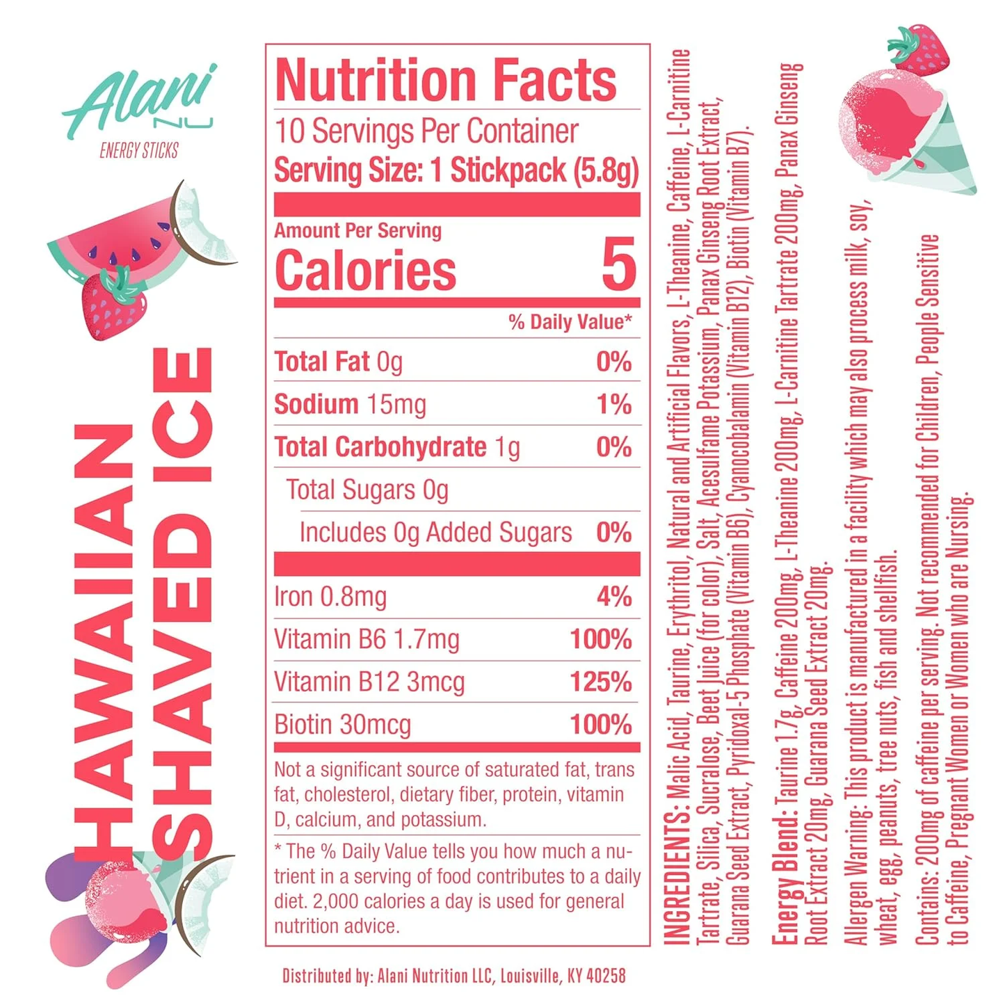Alani Nu Energy Sticks, Hawaiian Shaved Ice, 10 Count, 200mg Caffeine, Zero Sugar