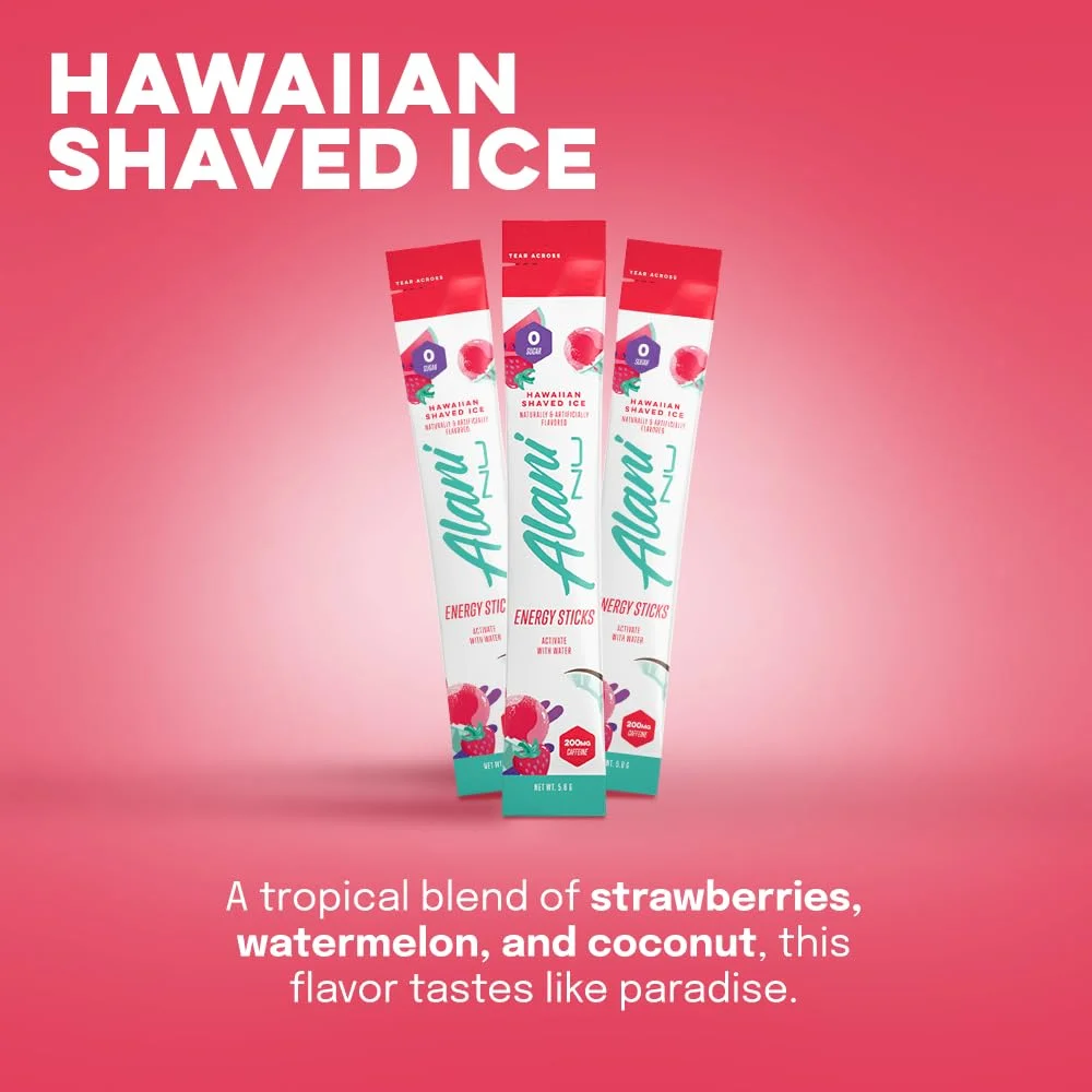 Alani Nu Energy Sticks, Hawaiian Shaved Ice, 10 Count, 200mg Caffeine, Zero Sugar