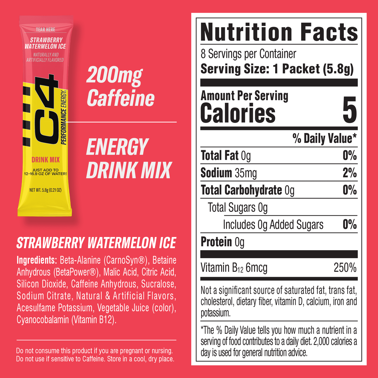 C4 Performance Energy Powder Mix Strawberry Watermelon Ice, 8 Pack