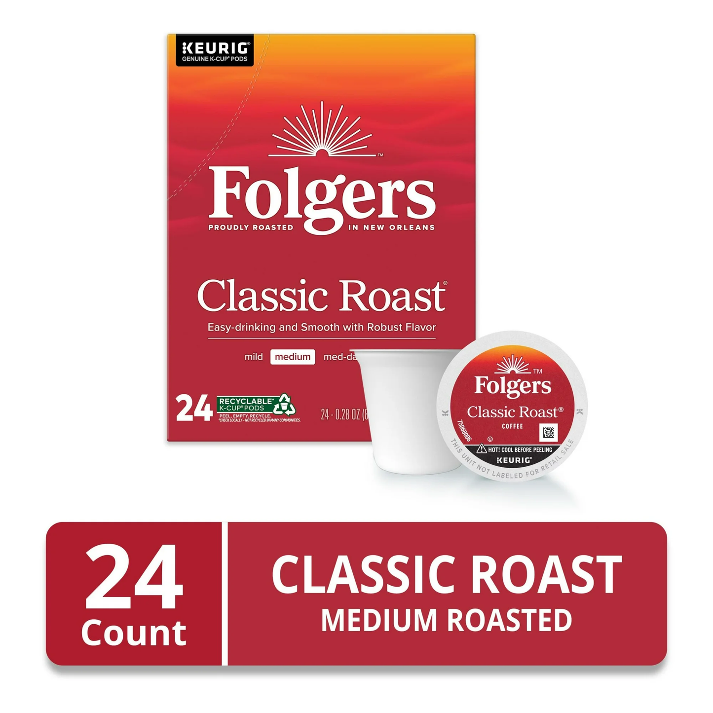 Folgers Classic Roast, Medium Roast Coffee, Keurig K Cup Pods, 24 Count Box