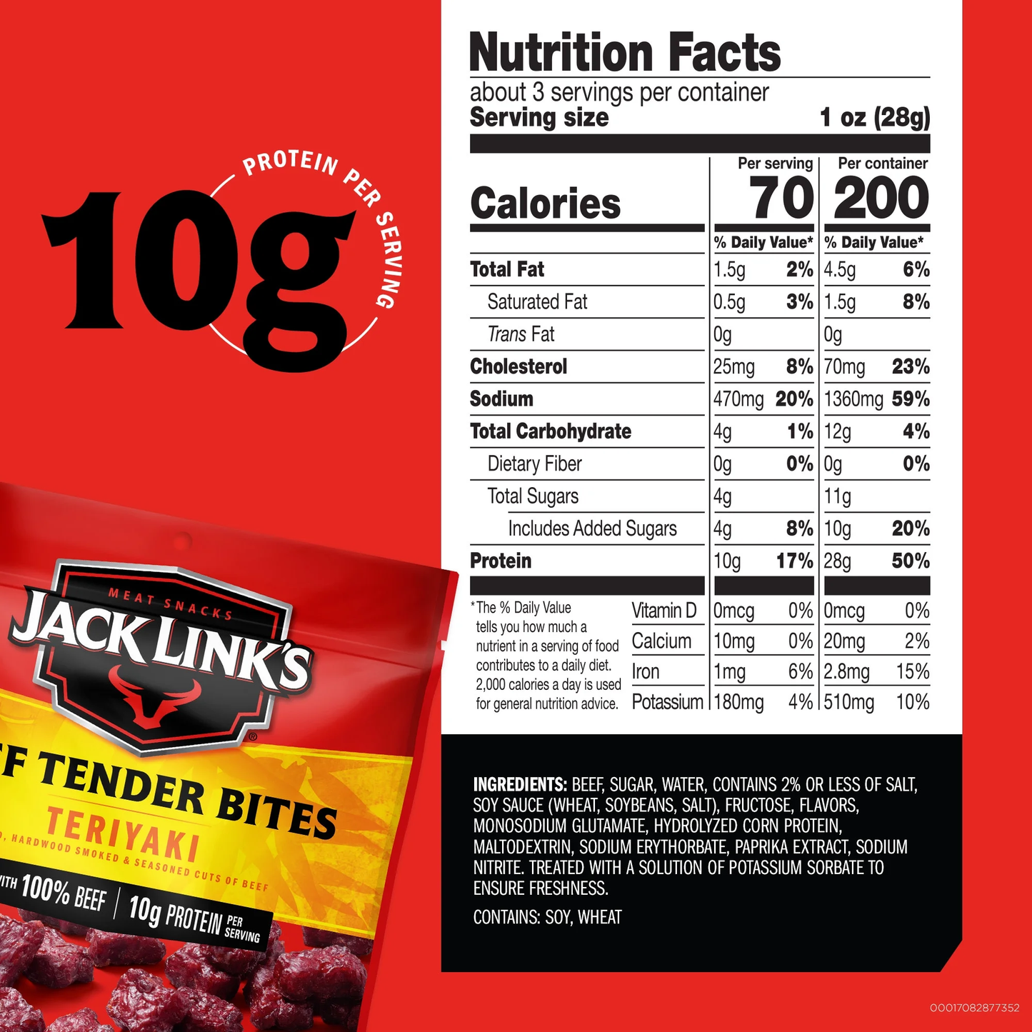 Jack Link's Teriyaki Tender Bites, 100% Beef, 2.85 oz. Resealable Bag