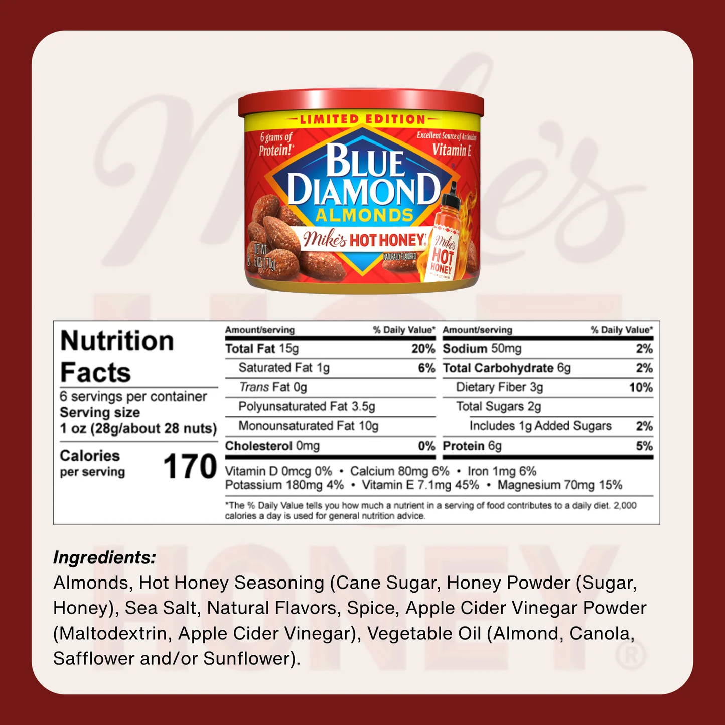 Blue Diamond Almond, Mikes Hot Honey Almonds Flavored Snack Nuts, 6 oz. Resealable Can