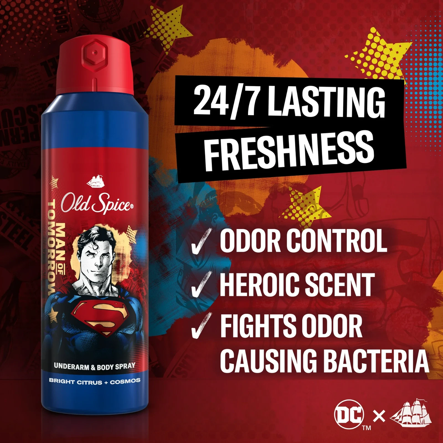Old Spice Aluminum Free Deodorant for Men, 24/7 Freshness, Body Spray, Long Lasting Odor Protection, Smell Like a Hero, Superman, Bright Citrus and Cosmo Scent, 5.1 oz