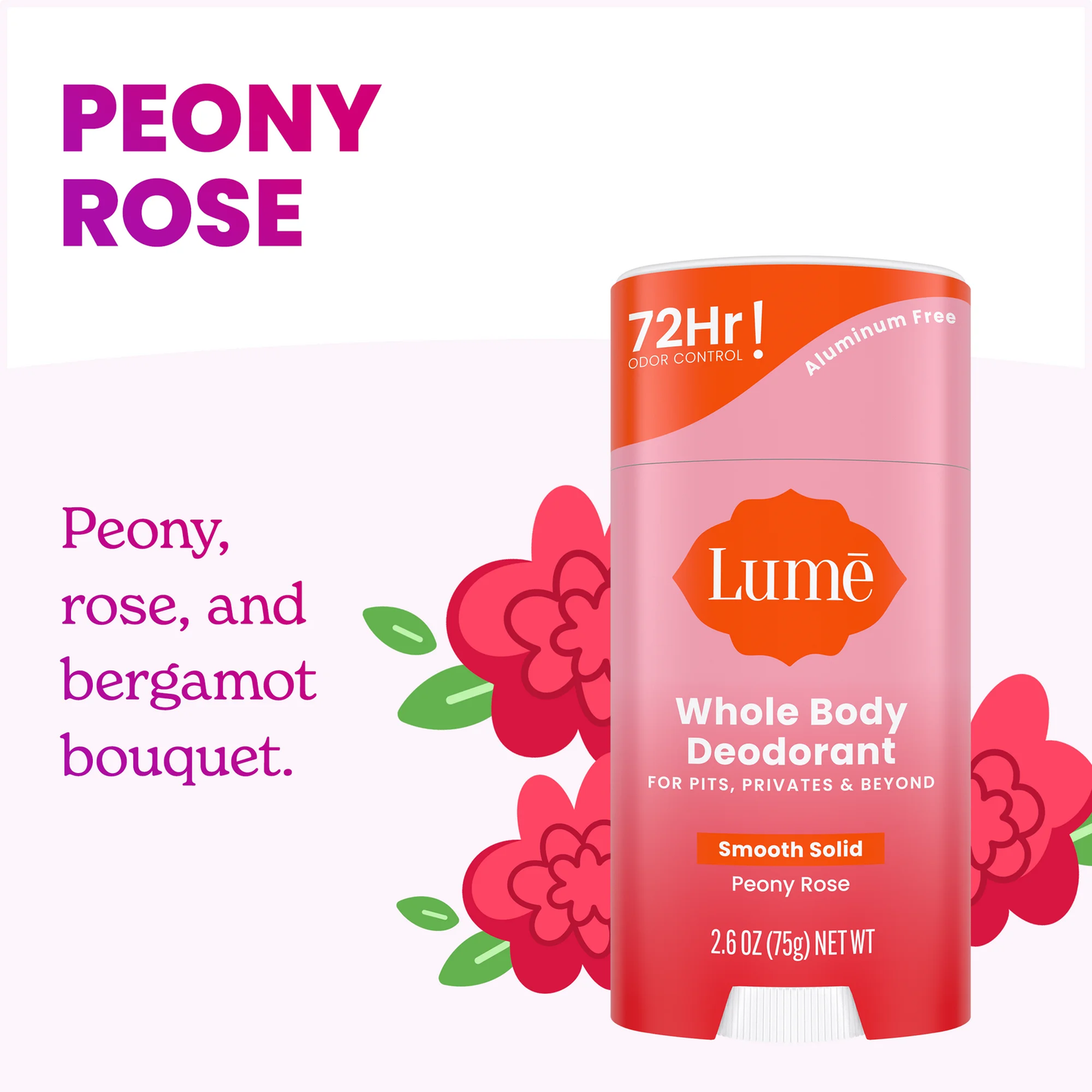 Lume Whole Body Women's Deodorant - Smooth Solid Stick - Aluminum Free - Peony Rose - 2.6oz