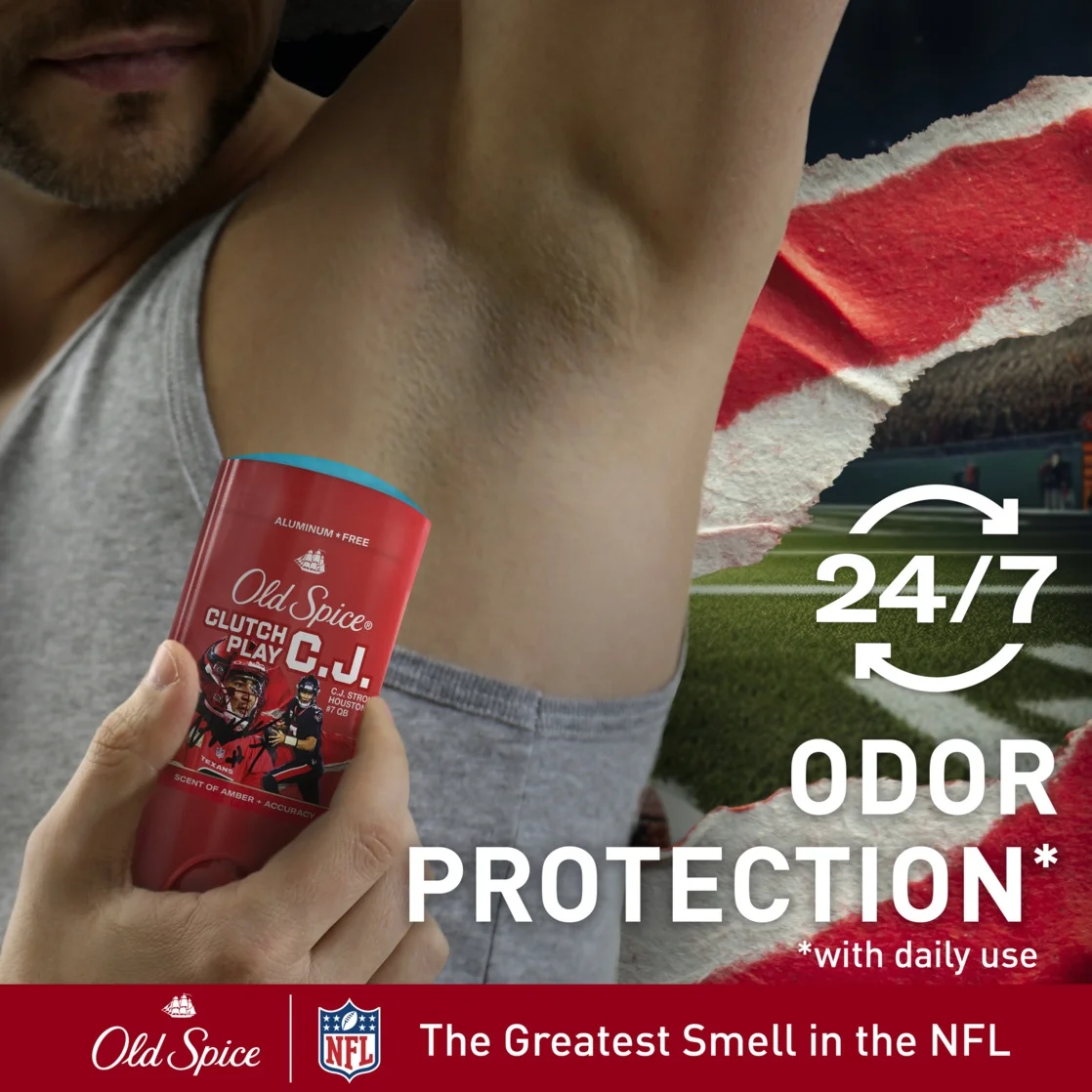 Old Spice Men's Aluminum Free Deodorant, NFL Collection, Clutch Play CJ Stroud, Amber + Accuracy Scent, 3oz